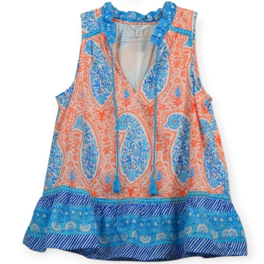 Crown & Ivy Cotton Paisley Printed Sleeveless Peplum Top